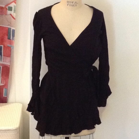 BLACK LONG SLEEVE cocktail WRAP rayon mini DRESS - Picture 3 of 6